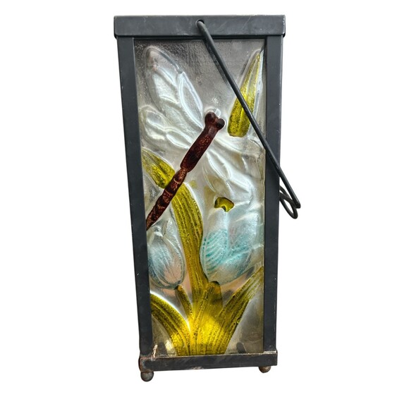 Lantern Stained Glass Style Dragonfly Floral 10" X 4" X 4" - Picture 2 of 6